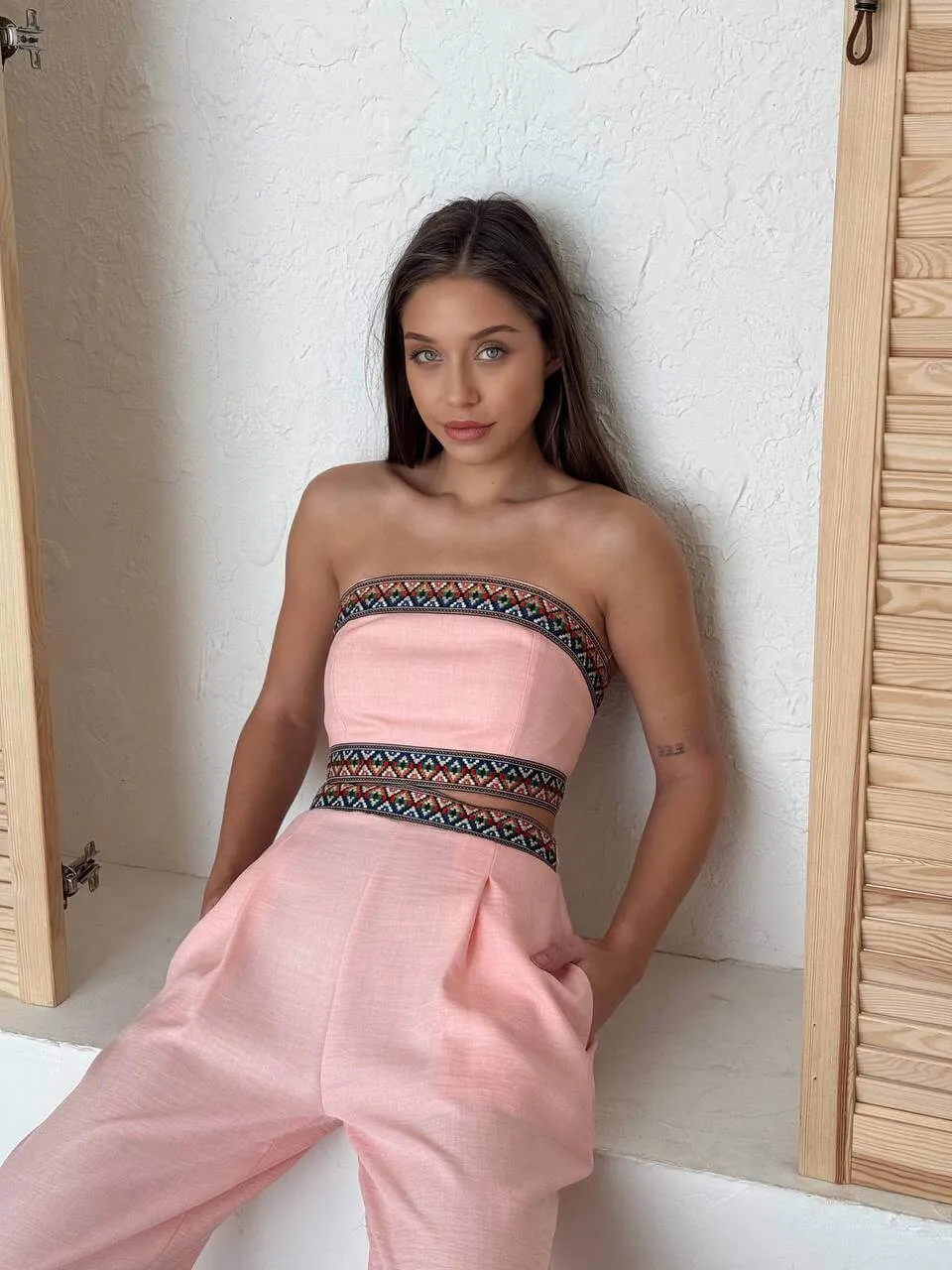 Pink Boho Chic Set: Embroidered Crop & Wide Pants