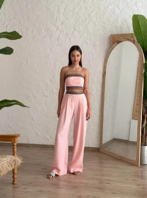 Pink Boho Chic Set: Embroidered Crop & Wide Pants