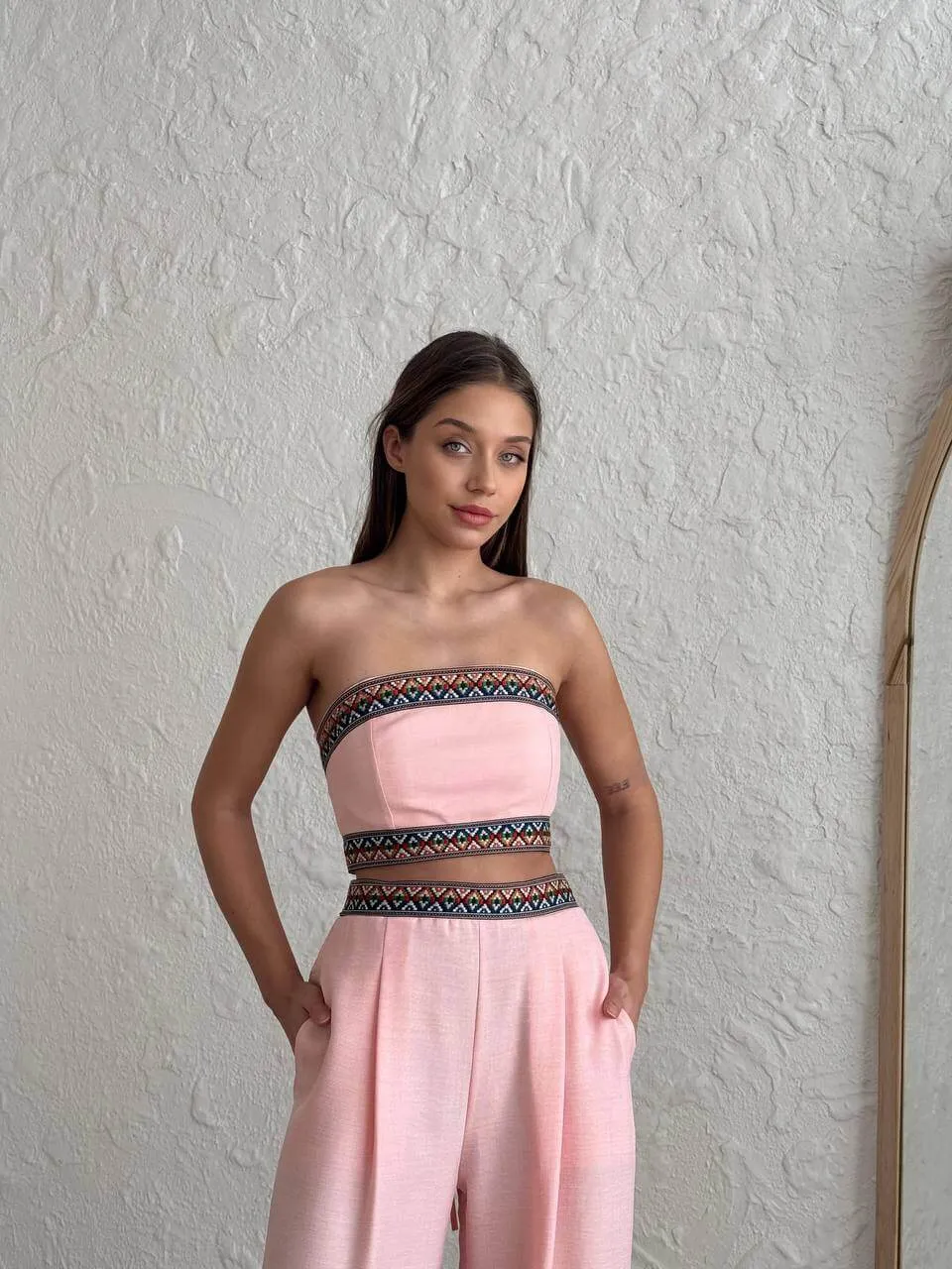 Pink Boho Chic Set: Embroidered Crop & Wide Pants