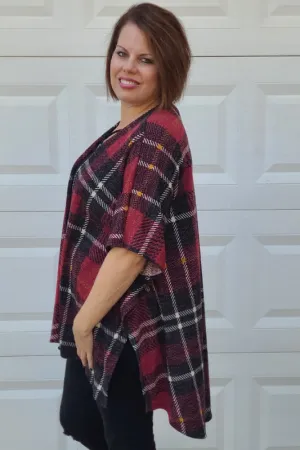 Plaid Open Cardigan in Black/Burgundy