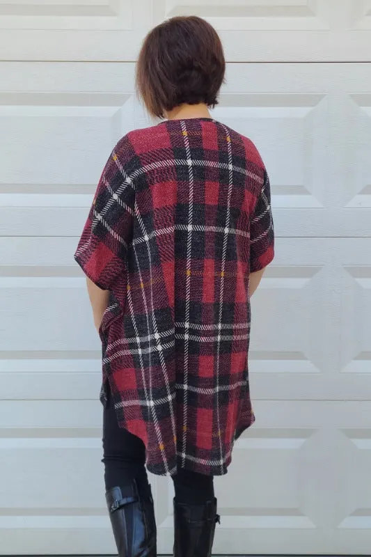 Plaid Open Cardigan in Black/Burgundy