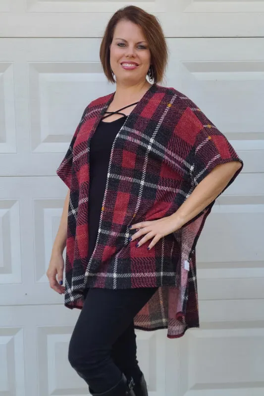 Plaid Open Cardigan in Black/Burgundy