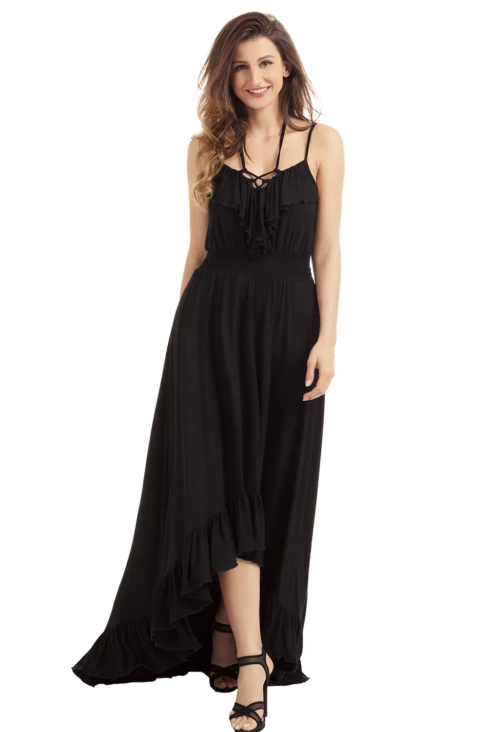 Sexy Black Lace Up V Neck Ruffle Trim Hi-low Maxi Dress