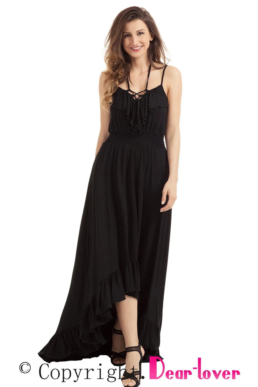 Sexy Black Lace Up V Neck Ruffle Trim Hi-low Maxi Dress