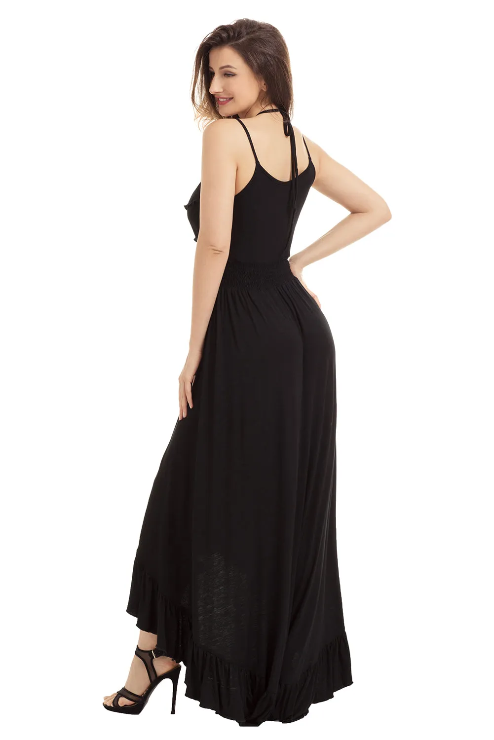 Sexy Black Lace Up V Neck Ruffle Trim Hi-low Maxi Dress