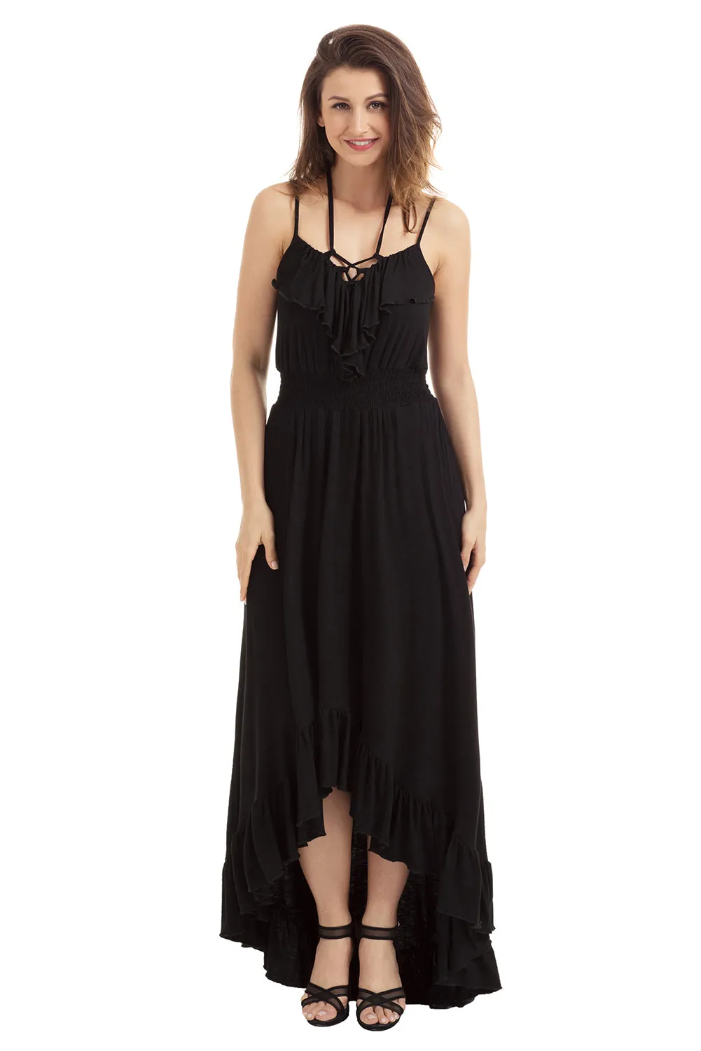 Sexy Black Lace Up V Neck Ruffle Trim Hi-low Maxi Dress
