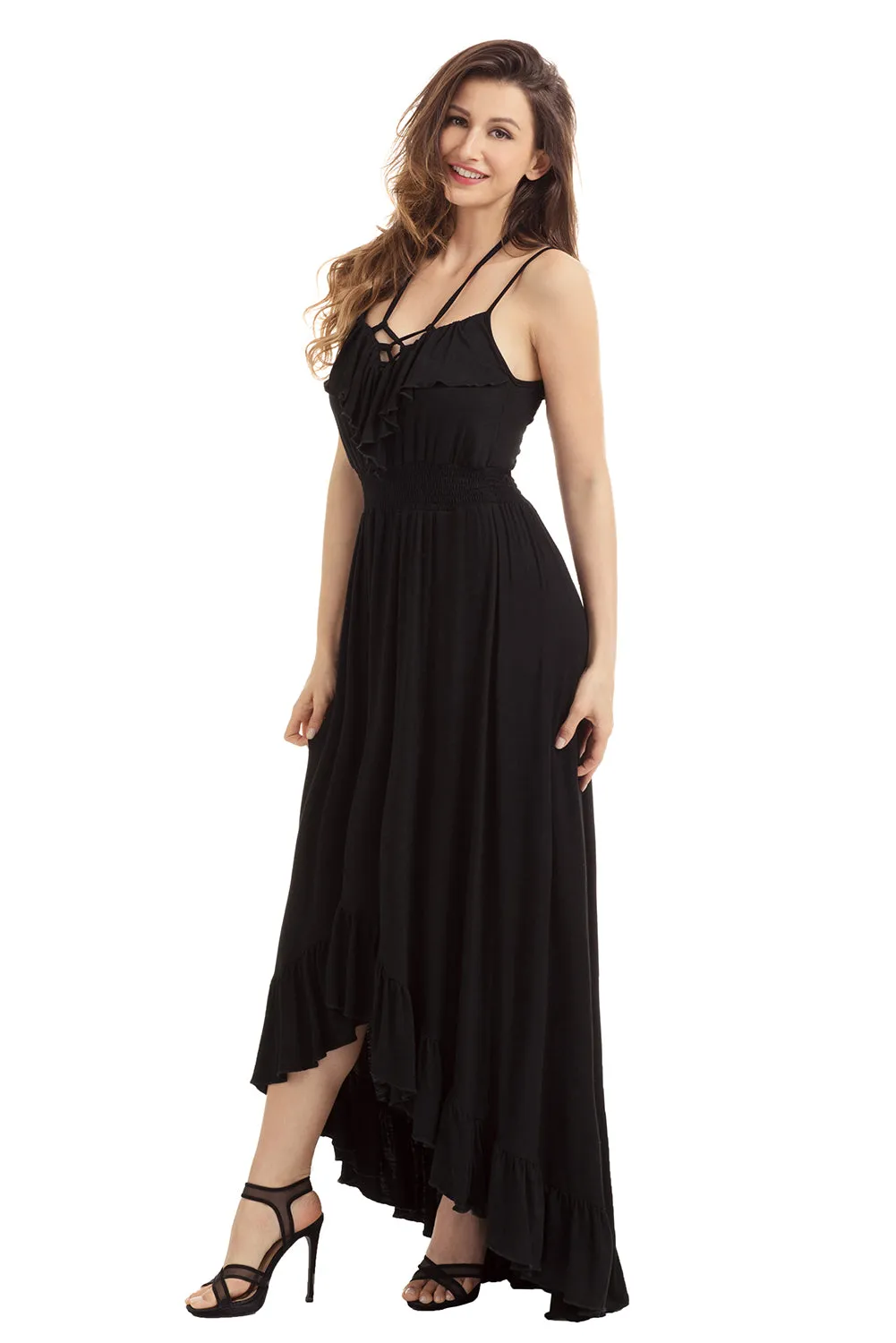 Sexy Black Lace Up V Neck Ruffle Trim Hi-low Maxi Dress