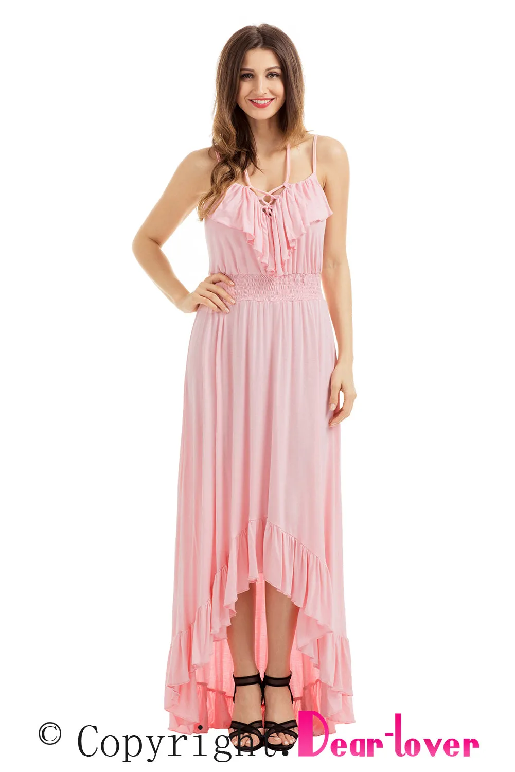 Sexy Light Pink Lace Up V Neck Ruffle Trim Hi-low Maxi Dress
