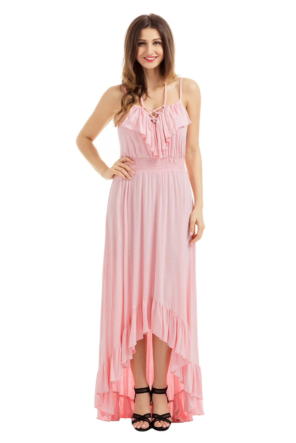 Sexy Light Pink Lace Up V Neck Ruffle Trim Hi-low Maxi Dress