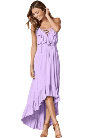 Sexy Lilac Lace Up V Neck Ruffle Trim Hi-low Maxi Dress