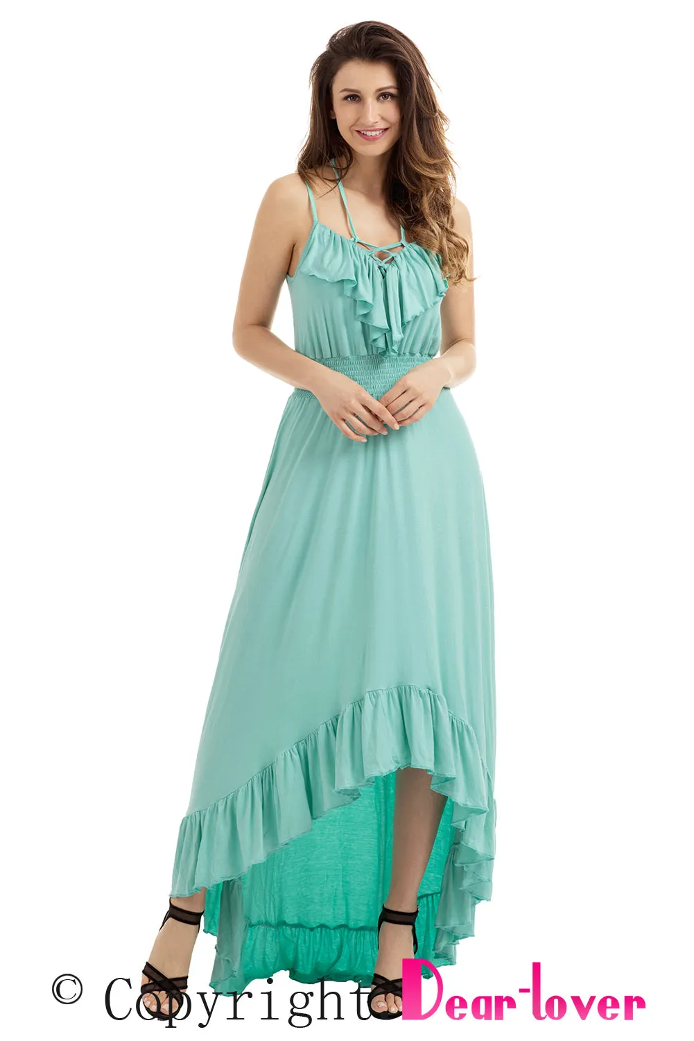 Sexy Mint Green Lace Up V Neck Ruffle Trim Hi-low Maxi Dress