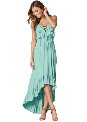 Sexy Mint Green Lace Up V Neck Ruffle Trim Hi-low Maxi Dress
