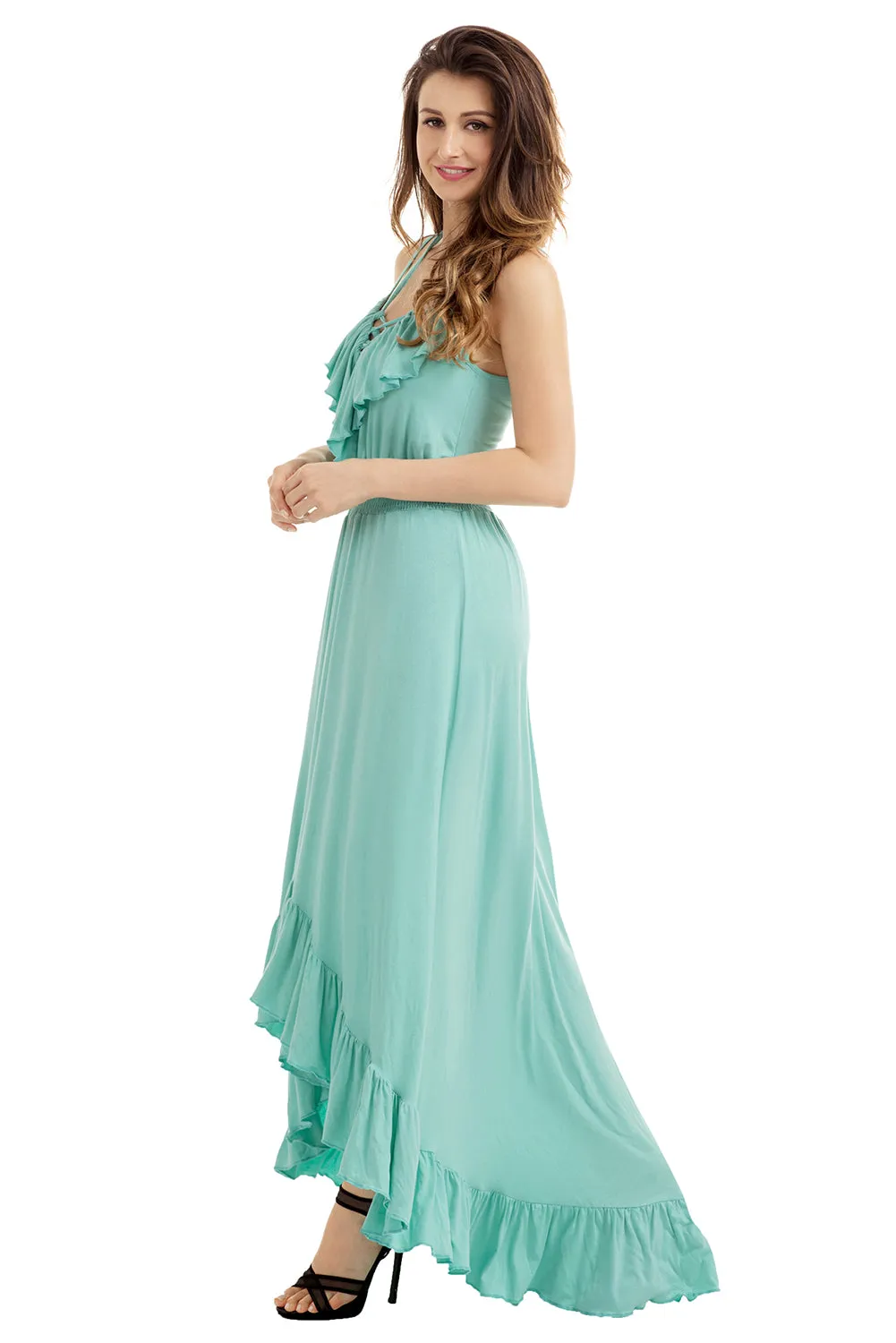 Sexy Mint Green Lace Up V Neck Ruffle Trim Hi-low Maxi Dress