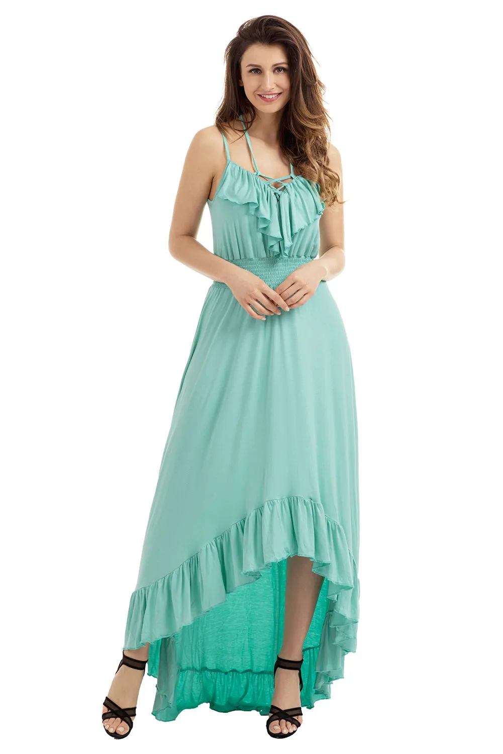 Sexy Mint Green Lace Up V Neck Ruffle Trim Hi-low Maxi Dress