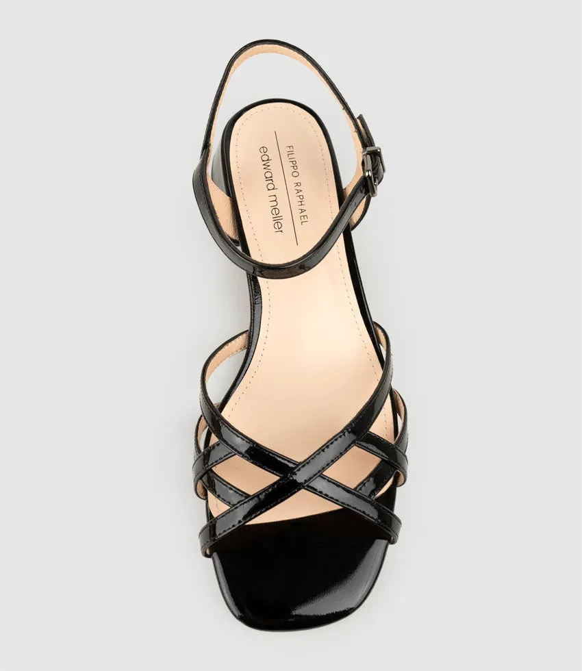 SURRY35 Lattice Front Sandal in Black Patent