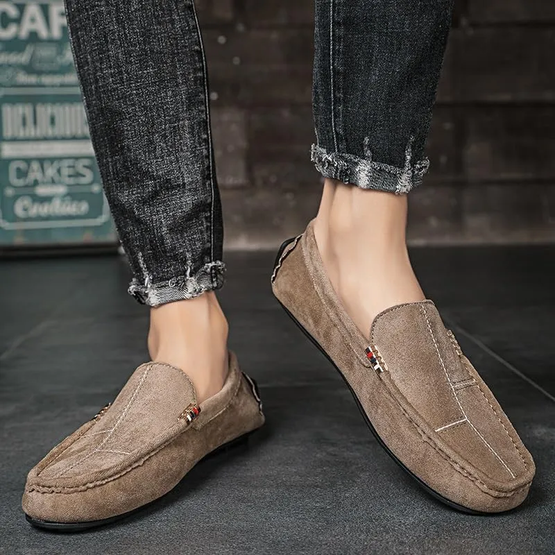 TAYGUM Mens Loafers Round Toe Suede Vamp Leather Driving Loafers Comfortable Flexible Flat Heel Fashion Prom Slip-on