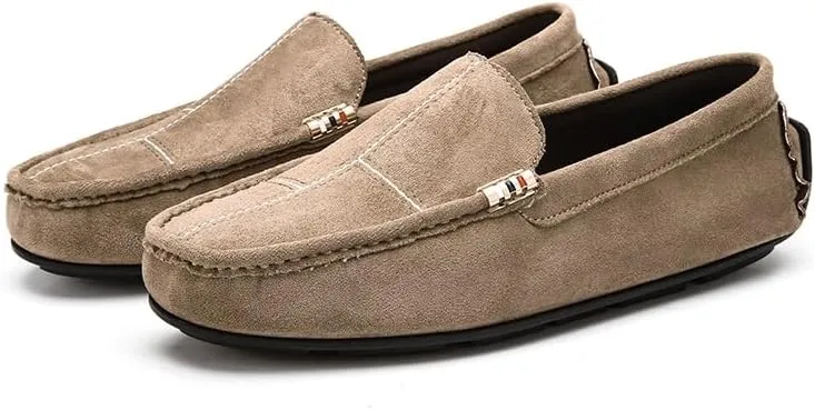 TAYGUM Mens Loafers Round Toe Suede Vamp Leather Driving Loafers Comfortable Flexible Flat Heel Fashion Prom Slip-on