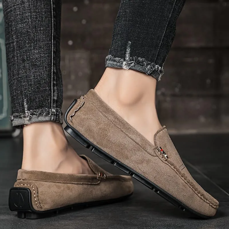 TAYGUM Mens Loafers Round Toe Suede Vamp Leather Driving Loafers Comfortable Flexible Flat Heel Fashion Prom Slip-on