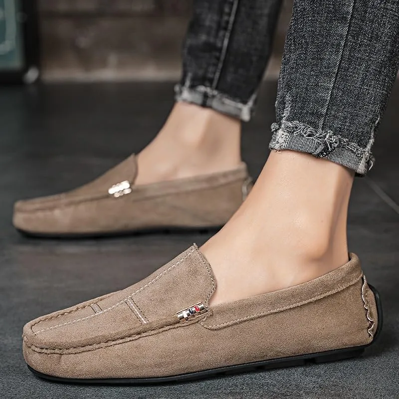 TAYGUM Mens Loafers Round Toe Suede Vamp Leather Driving Loafers Comfortable Flexible Flat Heel Fashion Prom Slip-on