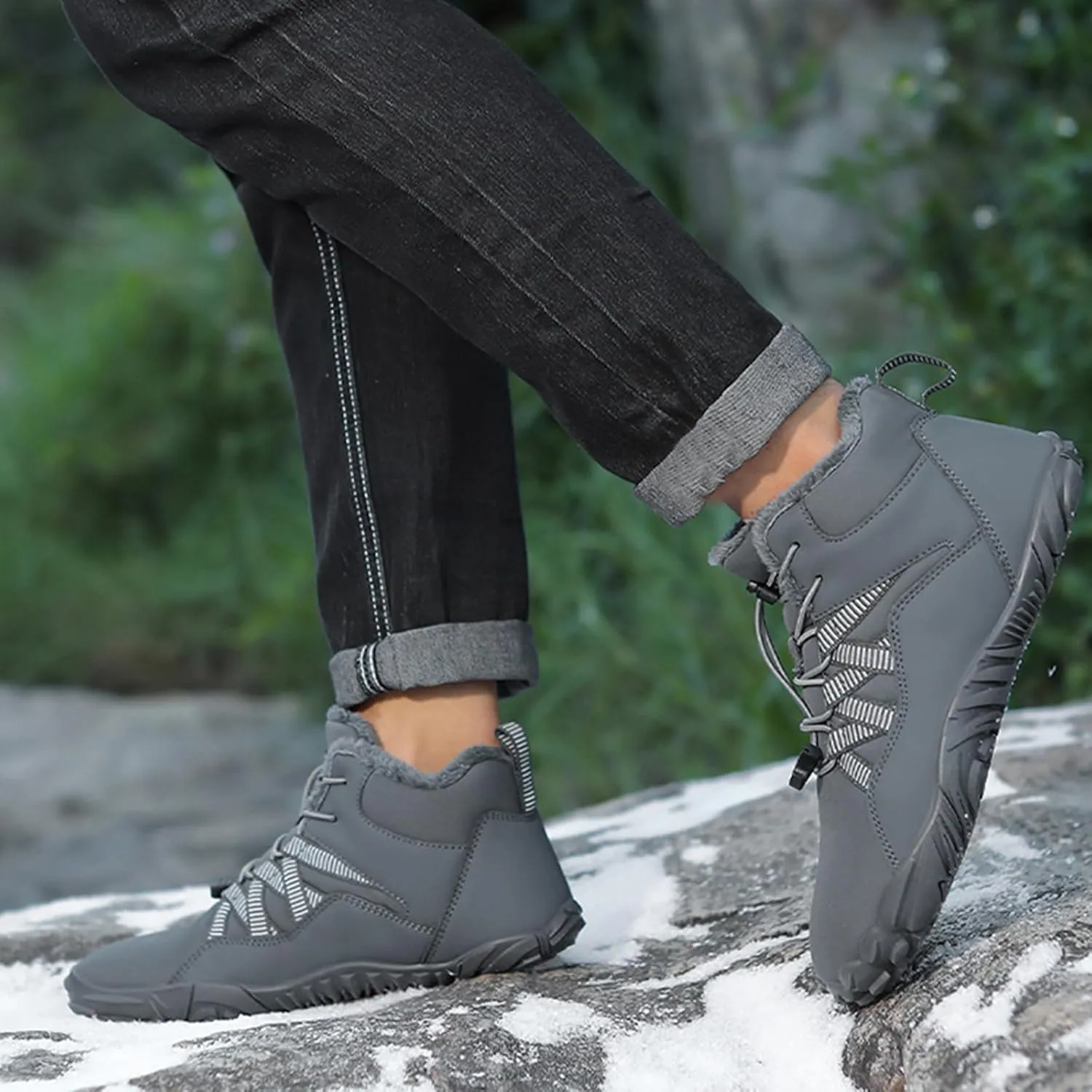 uSecee Barefoot Winter Shoes Women Mens Slip On Warm Zero Drop Snow Boots Wide Toe Box Ankle Booties Waterproof Fur Lined Boots Hiking Walking Shoes Five Finger Sneakers with Adjustable Elastic Band