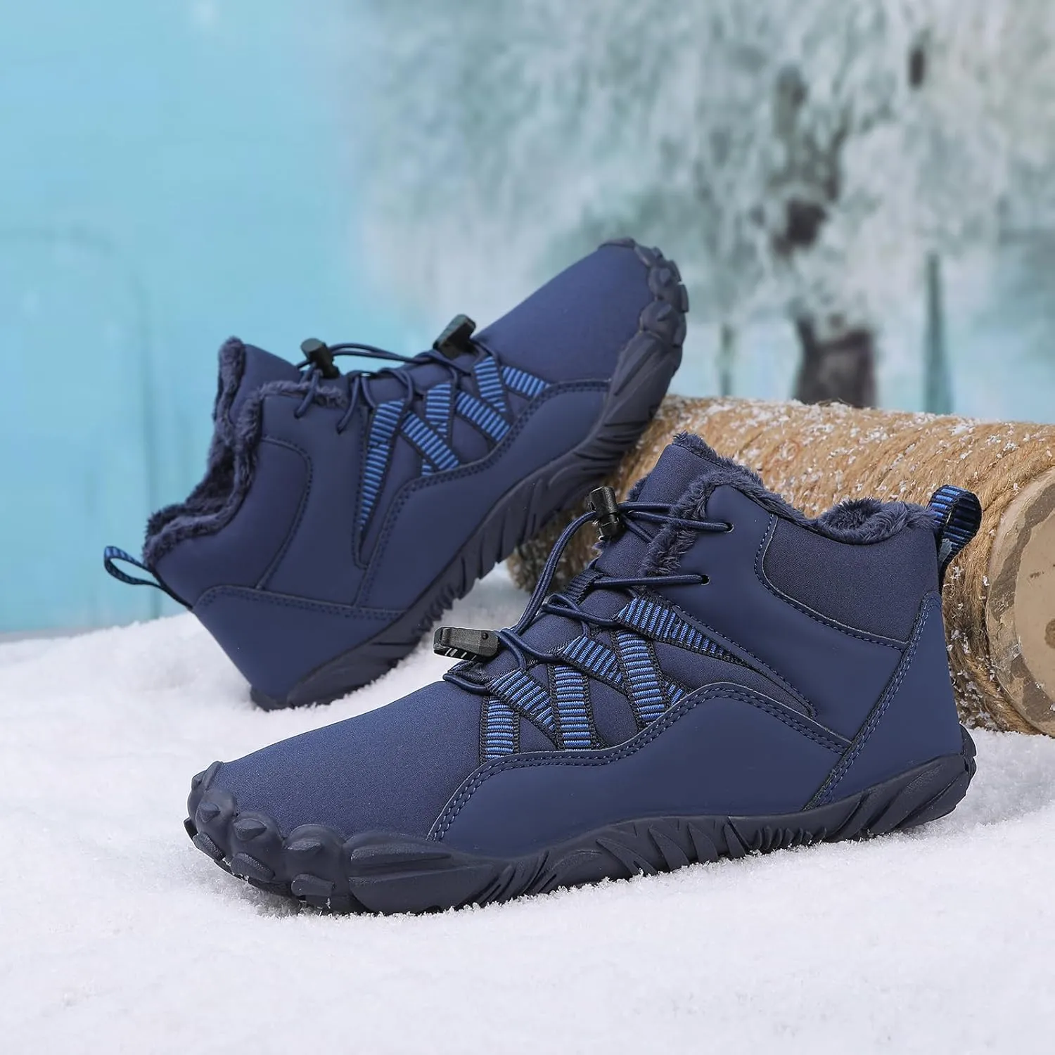 uSecee Barefoot Winter Shoes Women Mens Slip On Warm Zero Drop Snow Boots Wide Toe Box Ankle Booties Waterproof Fur Lined Boots Hiking Walking Shoes Five Finger Sneakers with Adjustable Elastic Band