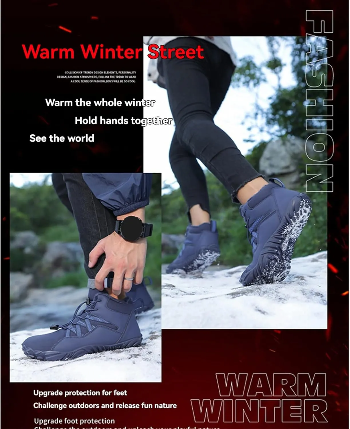uSecee Barefoot Winter Shoes Women Mens Slip On Warm Zero Drop Snow Boots Wide Toe Box Ankle Booties Waterproof Fur Lined Boots Hiking Walking Shoes Five Finger Sneakers with Adjustable Elastic Band