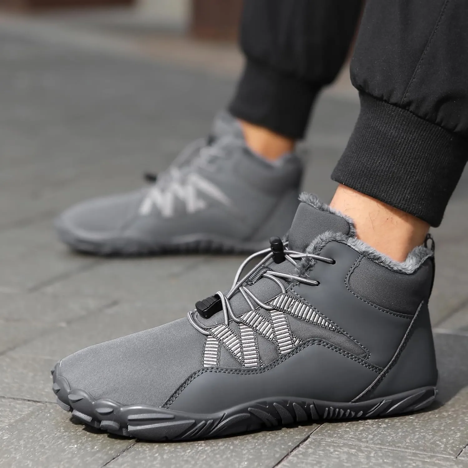 uSecee Barefoot Winter Shoes Women Mens Slip On Warm Zero Drop Snow Boots Wide Toe Box Ankle Booties Waterproof Fur Lined Boots Hiking Walking Shoes Five Finger Sneakers with Adjustable Elastic Band