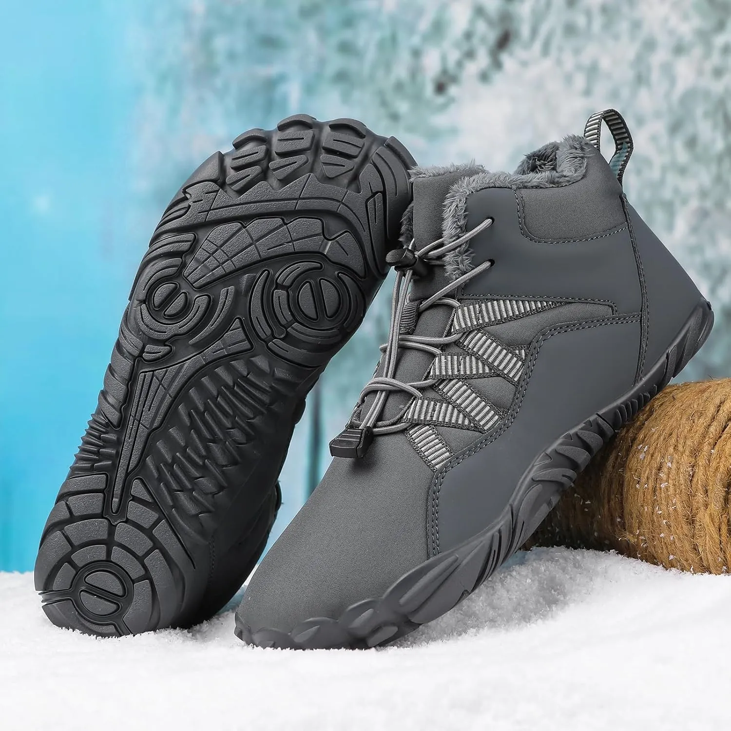 uSecee Barefoot Winter Shoes Women Mens Slip On Warm Zero Drop Snow Boots Wide Toe Box Ankle Booties Waterproof Fur Lined Boots Hiking Walking Shoes Five Finger Sneakers with Adjustable Elastic Band