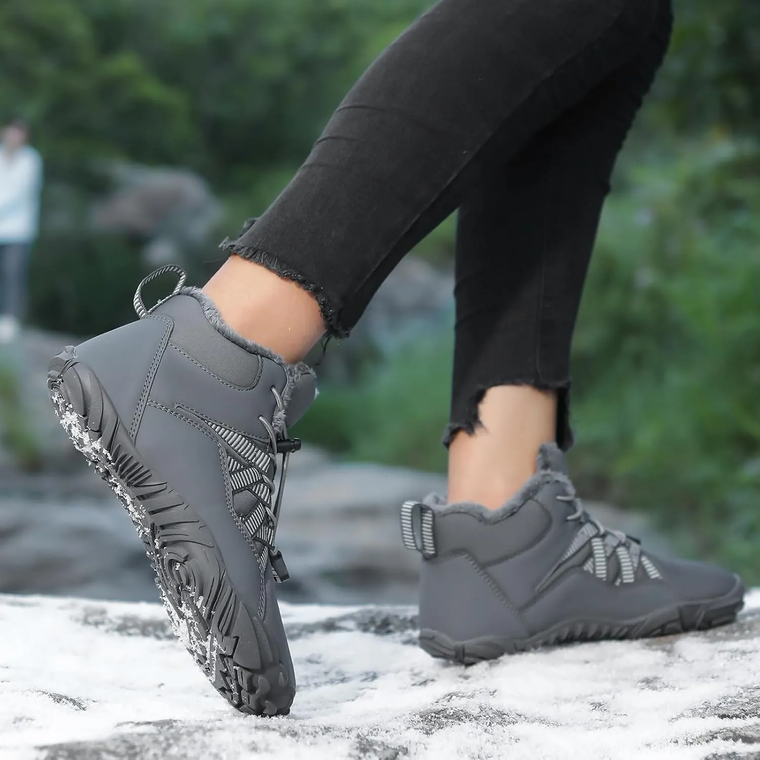 uSecee Barefoot Winter Shoes Women Mens Slip On Warm Zero Drop Snow Boots Wide Toe Box Ankle Booties Waterproof Fur Lined Boots Hiking Walking Shoes Five Finger Sneakers with Adjustable Elastic Band