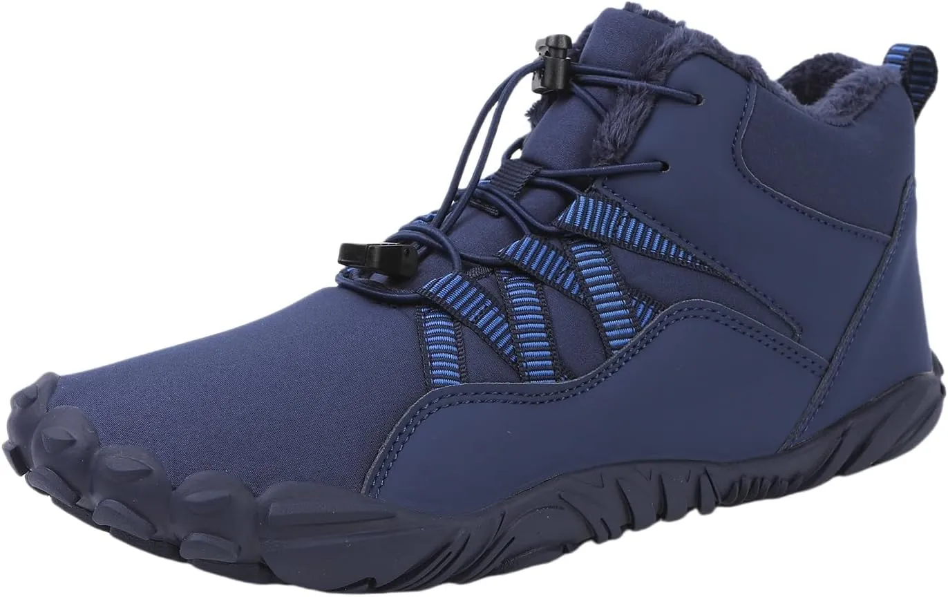 uSecee Barefoot Winter Shoes Women Mens Slip On Warm Zero Drop Snow Boots Wide Toe Box Ankle Booties Waterproof Fur Lined Boots Hiking Walking Shoes Five Finger Sneakers with Adjustable Elastic Band