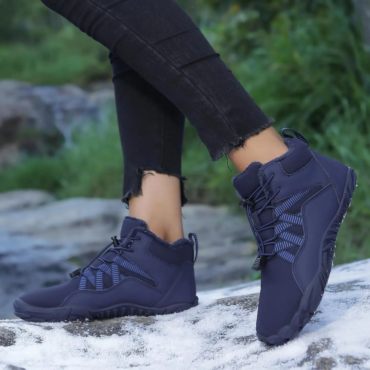 uSecee Barefoot Winter Shoes Women Mens Slip On Warm Zero Drop Snow Boots Wide Toe Box Ankle Booties Waterproof Fur Lined Boots Hiking Walking Shoes Five Finger Sneakers with Adjustable Elastic Band