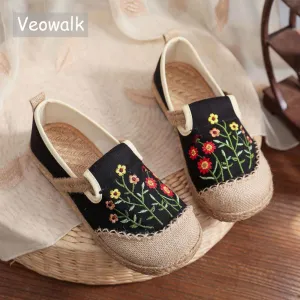 Veowalk Flowers Embroidered Women Handmade Linen Canvas Slip-On Loafers Comfortable Low Top Sneakers