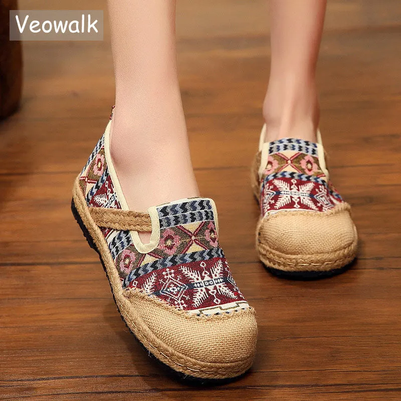 Veowalk Women Linen Loafers Espadrilles Ladies Bohemian Trending Shoes Handmade Embroidered Woman Co