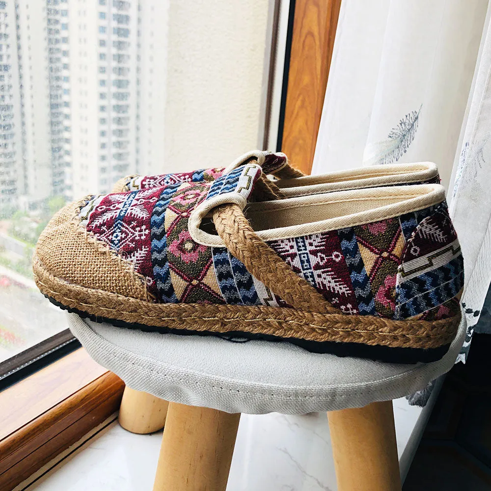 Veowalk Women Linen Loafers Espadrilles Ladies Bohemian Trending Shoes Handmade Embroidered Woman Co