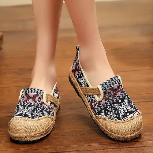 Veowalk Women Linen Loafers Espadrilles Ladies Bohemian Trending Shoes Handmade Embroidered Woman Co