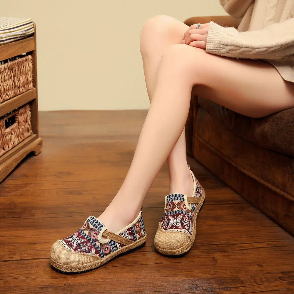 Veowalk Women Linen Loafers Espadrilles Ladies Bohemian Trending Shoes Handmade Embroidered Woman Co