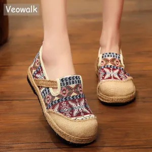 Veowalk Women Linen Loafers Espadrilles Ladies Bohemian Trending Shoes Handmade Embroidered Woman Co