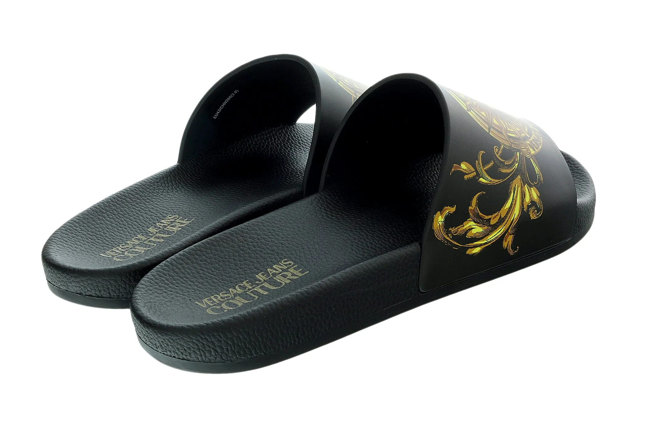 Versace Jeans Couture Black Gold Medusa Print Wide Strap Sandals-