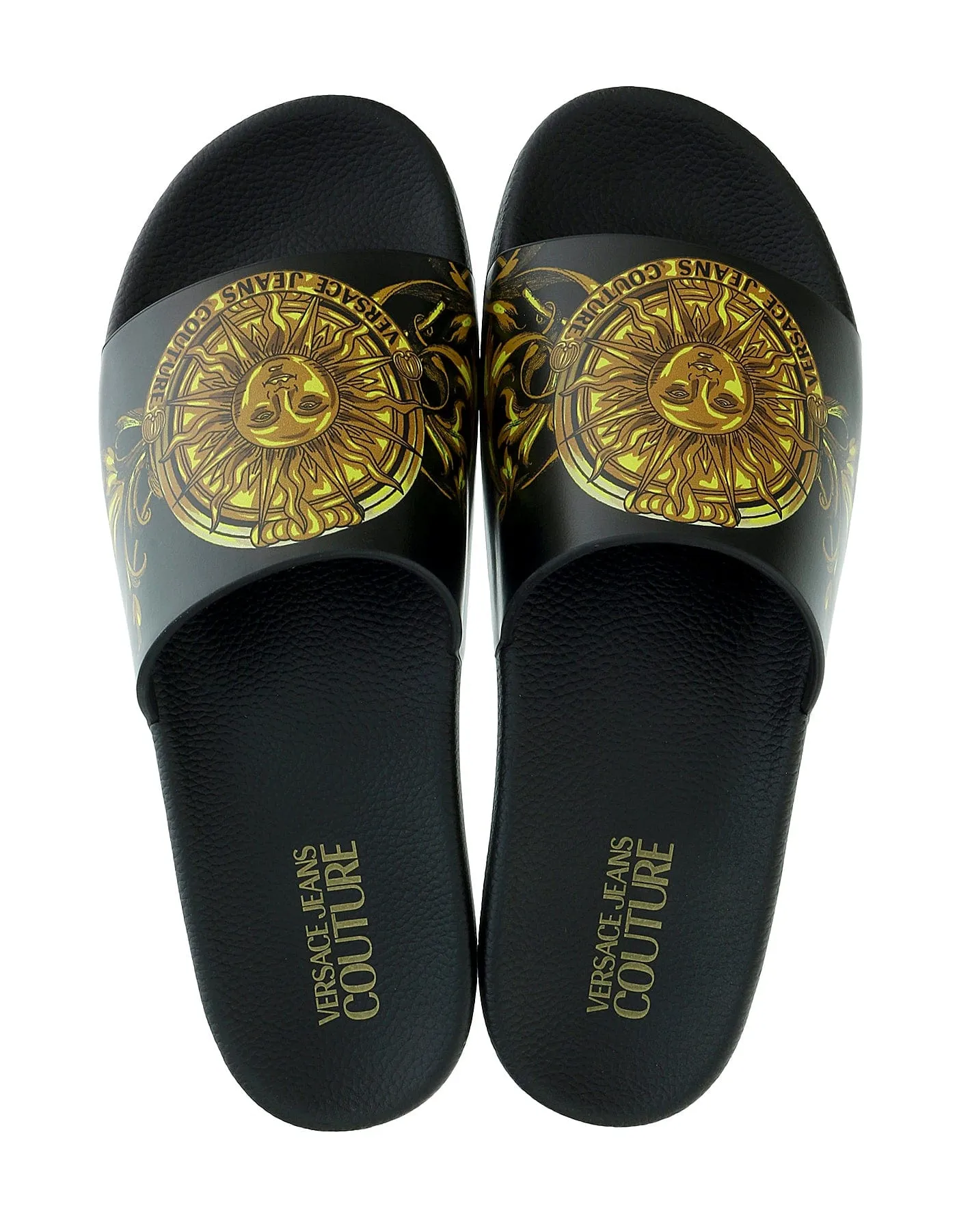 Versace Jeans Couture Black Gold Medusa Print Wide Strap Sandals-