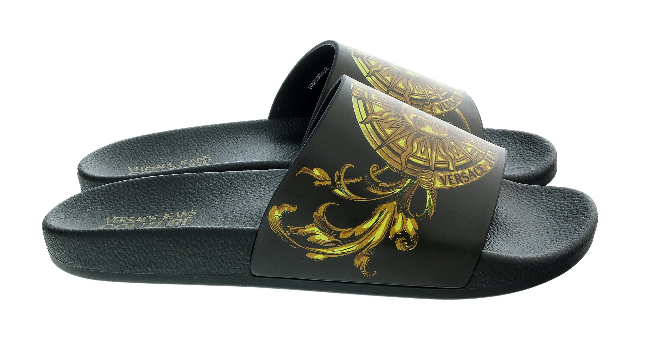 Versace Jeans Couture Black Gold Medusa Print Wide Strap Sandals-