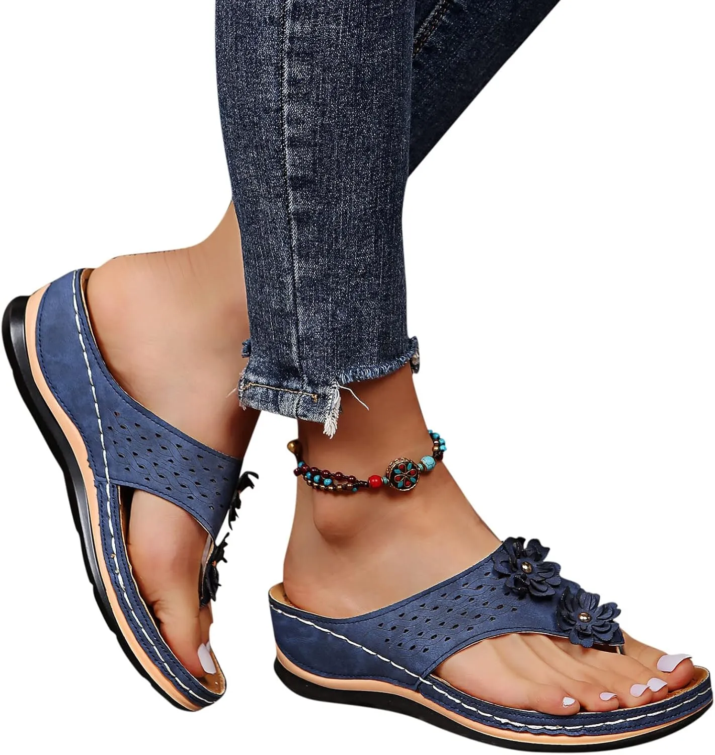Wedge Sandals for Women 2024 Comfy Slider Flat Toe Sandals Summer Support T Flops Bottomed Slip Strap Women On With Arch