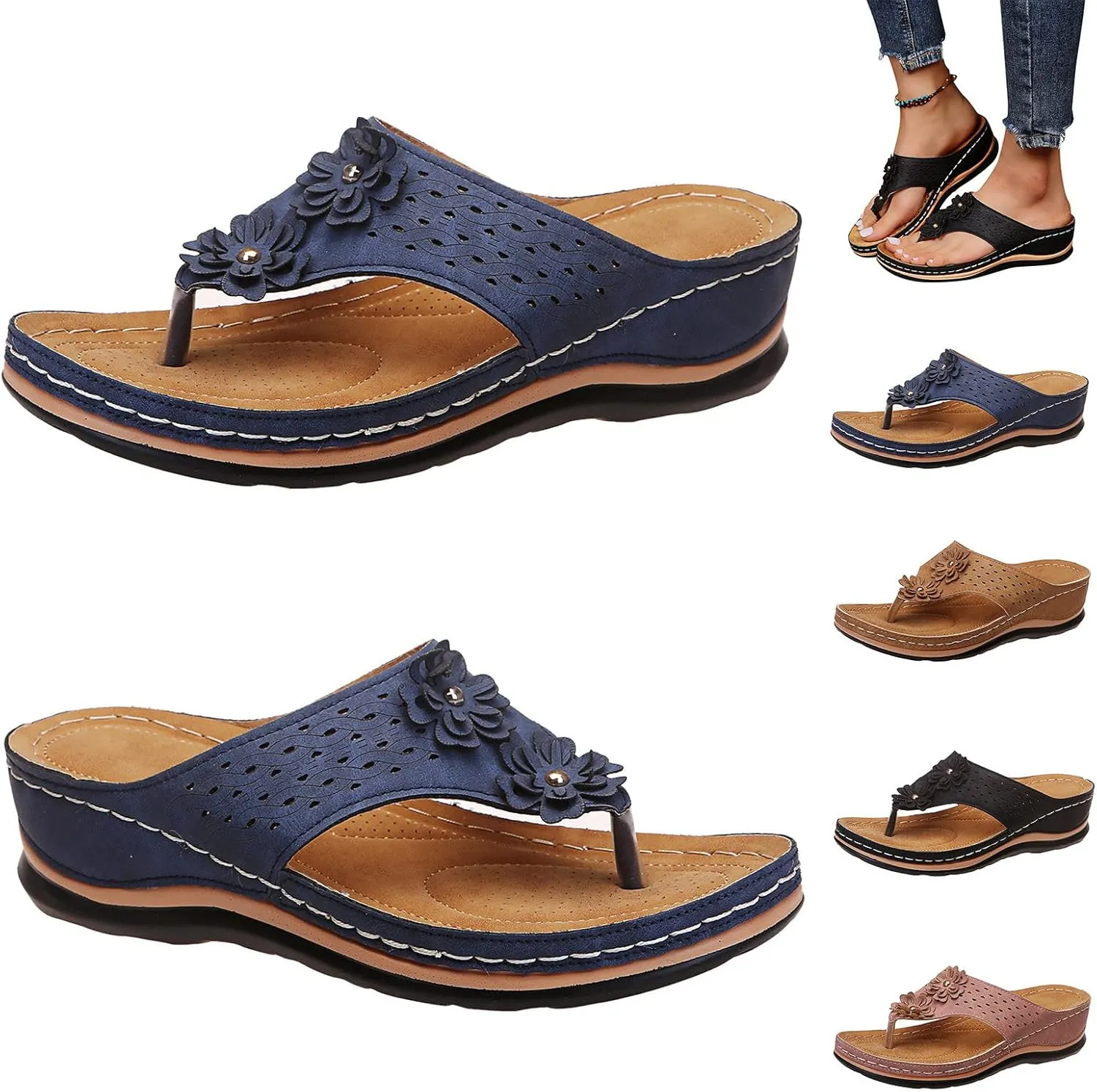 Wedge Sandals for Women 2024 Comfy Slider Flat Toe Sandals Summer Support T Flops Bottomed Slip Strap Women On With Arch