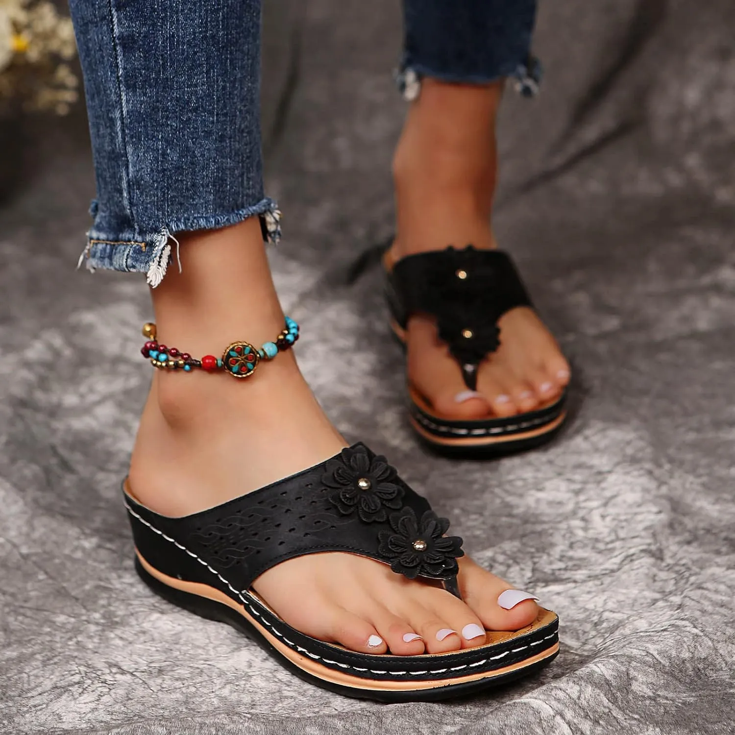 Wedge Sandals for Women 2024 Comfy Slider Flat Toe Sandals Summer Support T Flops Bottomed Slip Strap Women On With Arch