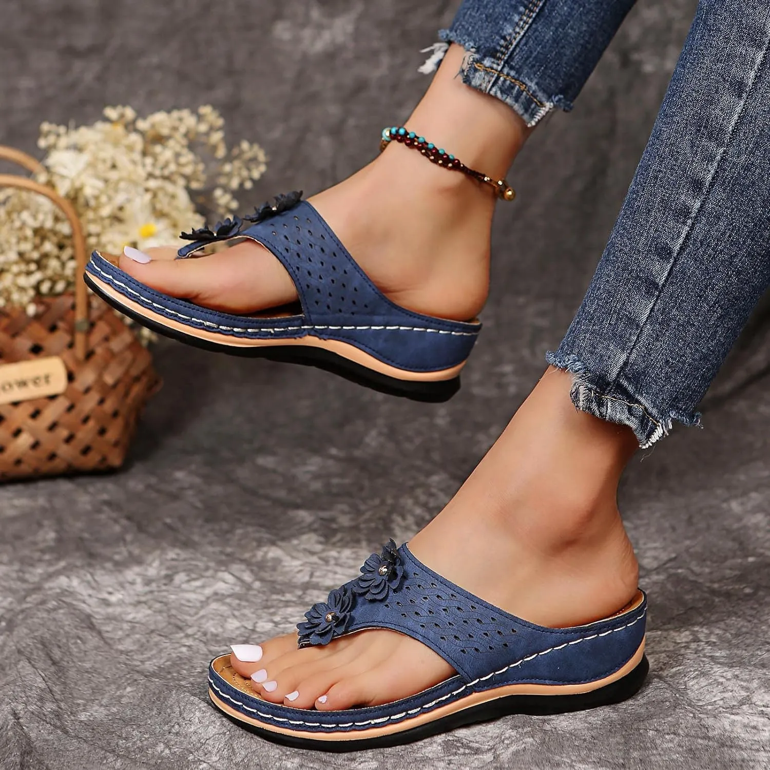 Wedge Sandals for Women 2024 Comfy Slider Flat Toe Sandals Summer Support T Flops Bottomed Slip Strap Women On With Arch