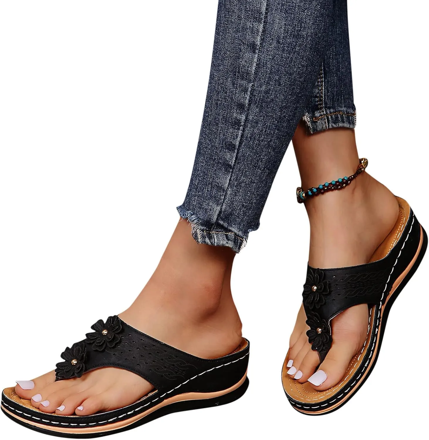 Wedge Sandals for Women 2024 Comfy Slider Flat Toe Sandals Summer Support T Flops Bottomed Slip Strap Women On With Arch