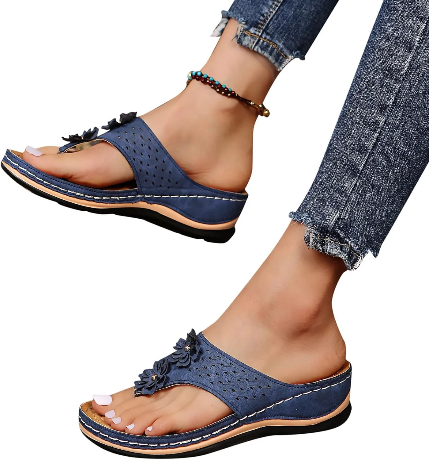 Wedge Sandals for Women 2024 Comfy Slider Flat Toe Sandals Summer Support T Flops Bottomed Slip Strap Women On With Arch