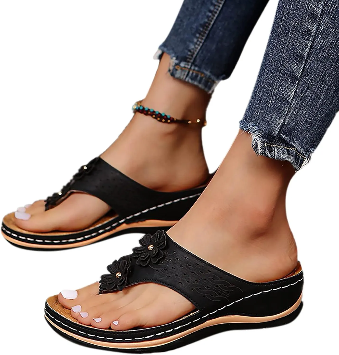 Wedge Sandals for Women 2024 Comfy Slider Flat Toe Sandals Summer Support T Flops Bottomed Slip Strap Women On With Arch