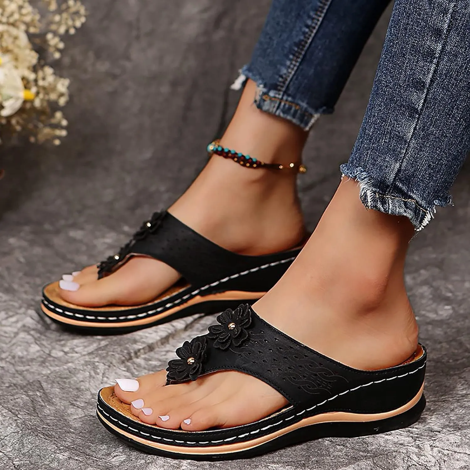 Wedge Sandals for Women 2024 Comfy Slider Flat Toe Sandals Summer Support T Flops Bottomed Slip Strap Women On With Arch