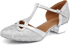 Women's Closed-Toe Synthetic Glitter Material Ballroom Tango Party Wedding Practice Professional Dance Shoes L341 Silver US 6