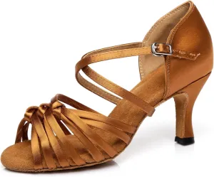 Women's Fashion Peep Toe Satin Ballroom Rumba Party Wedding Practice Professional Dance Shoes Bronze US 10.5
